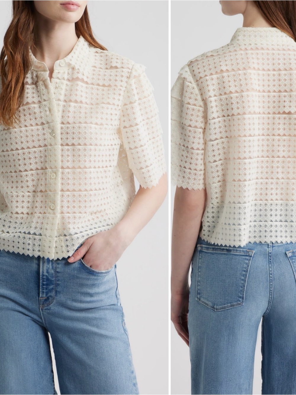 NWT FRAME Lattice Crochet Blouse in Cream, size M